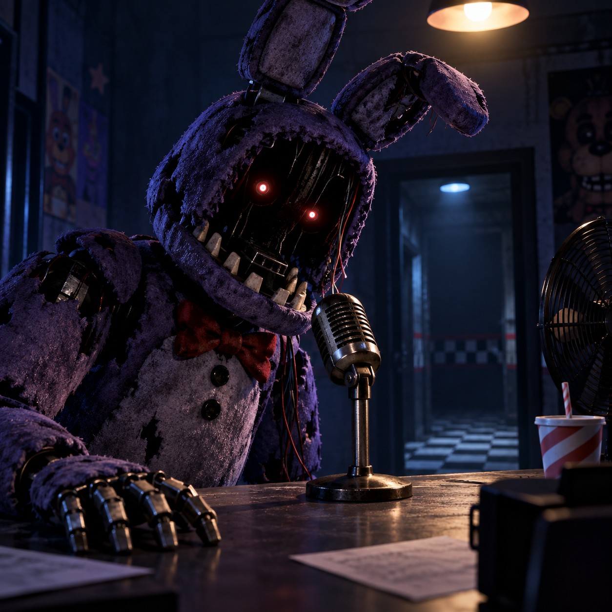Withered Bonnie AI voice in a dim security room