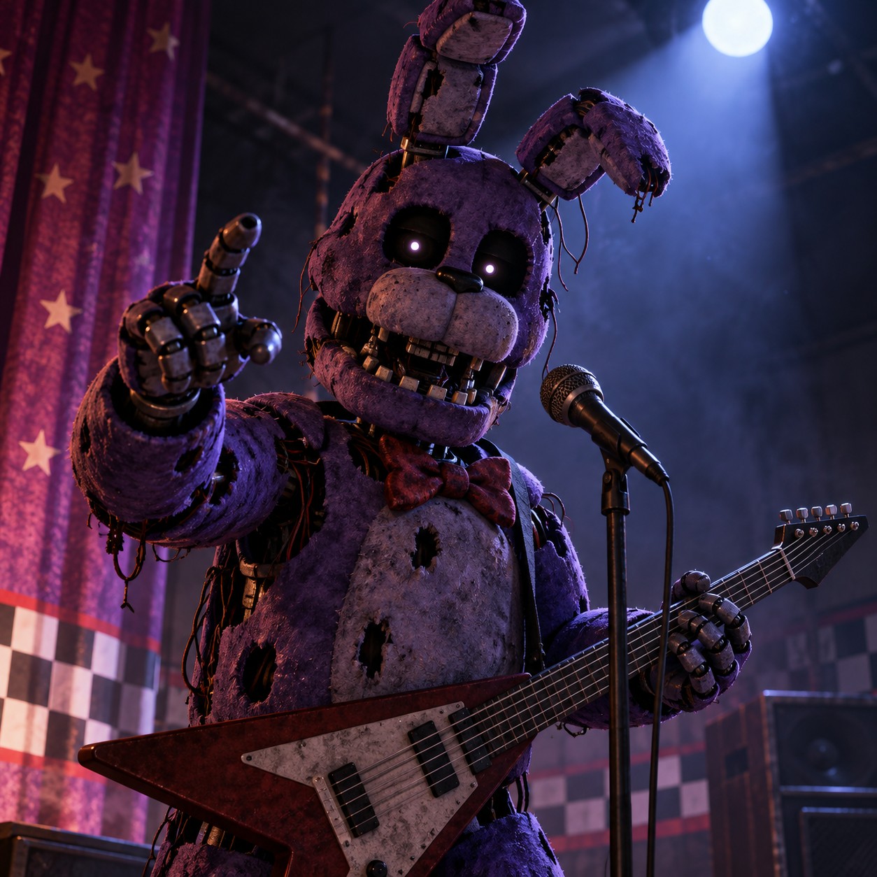 Withered Bonnie AI voice beside a damaged guitar