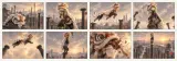 Eight-panel storyboard grid of a lion dance
