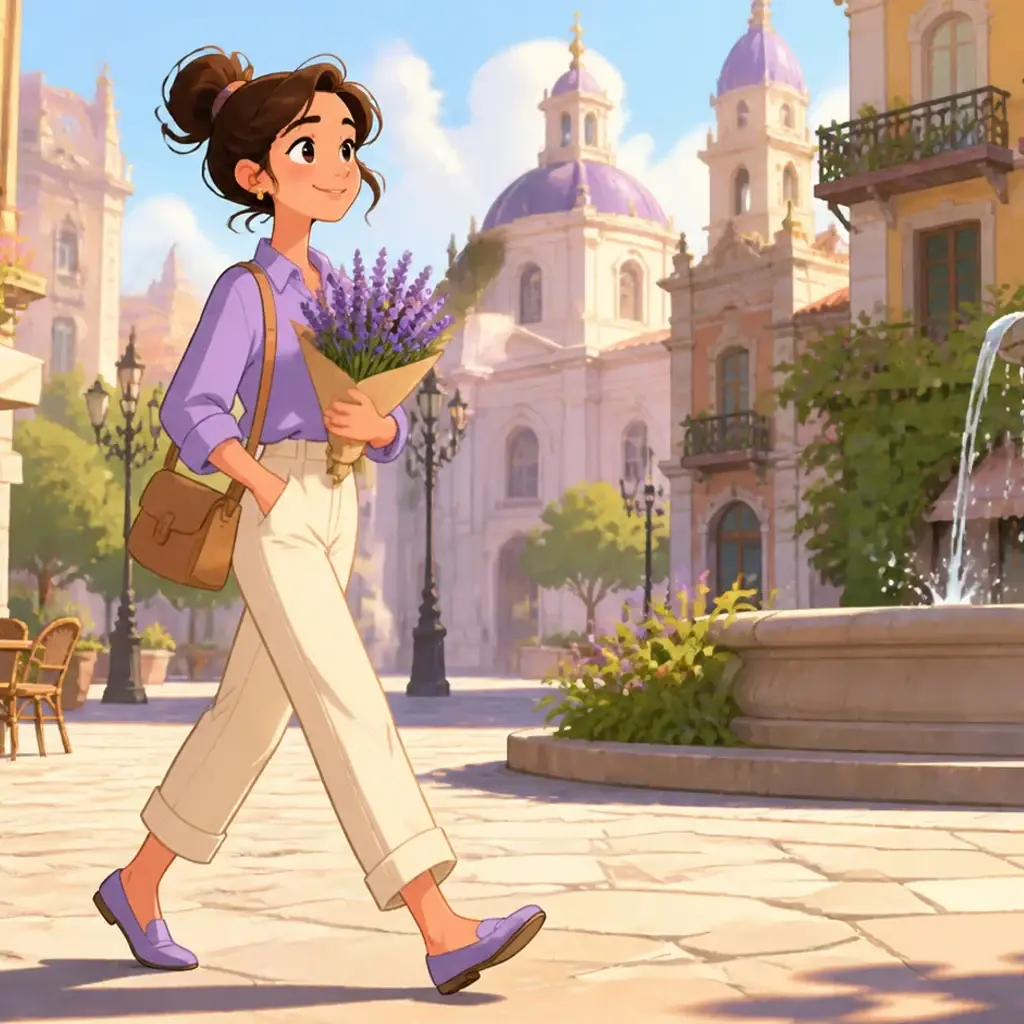 A bright 2D animated scene with a consistent character moving through a colorful illustrated city