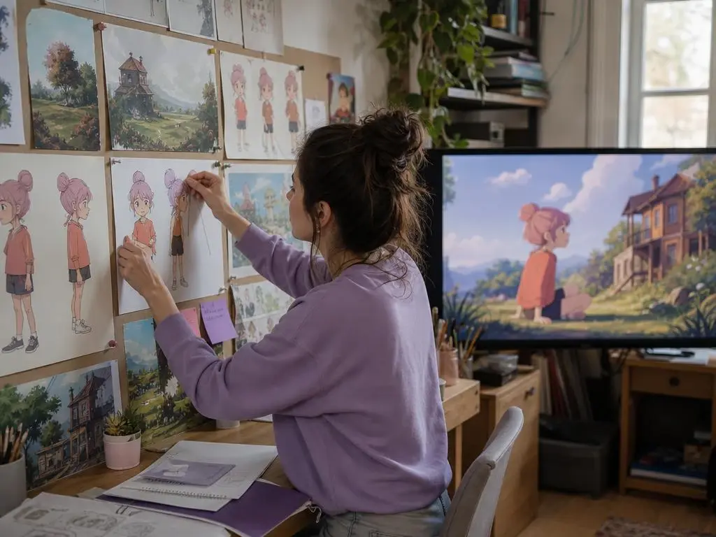 Video creator arranging 2D story scenes with character references and music cues