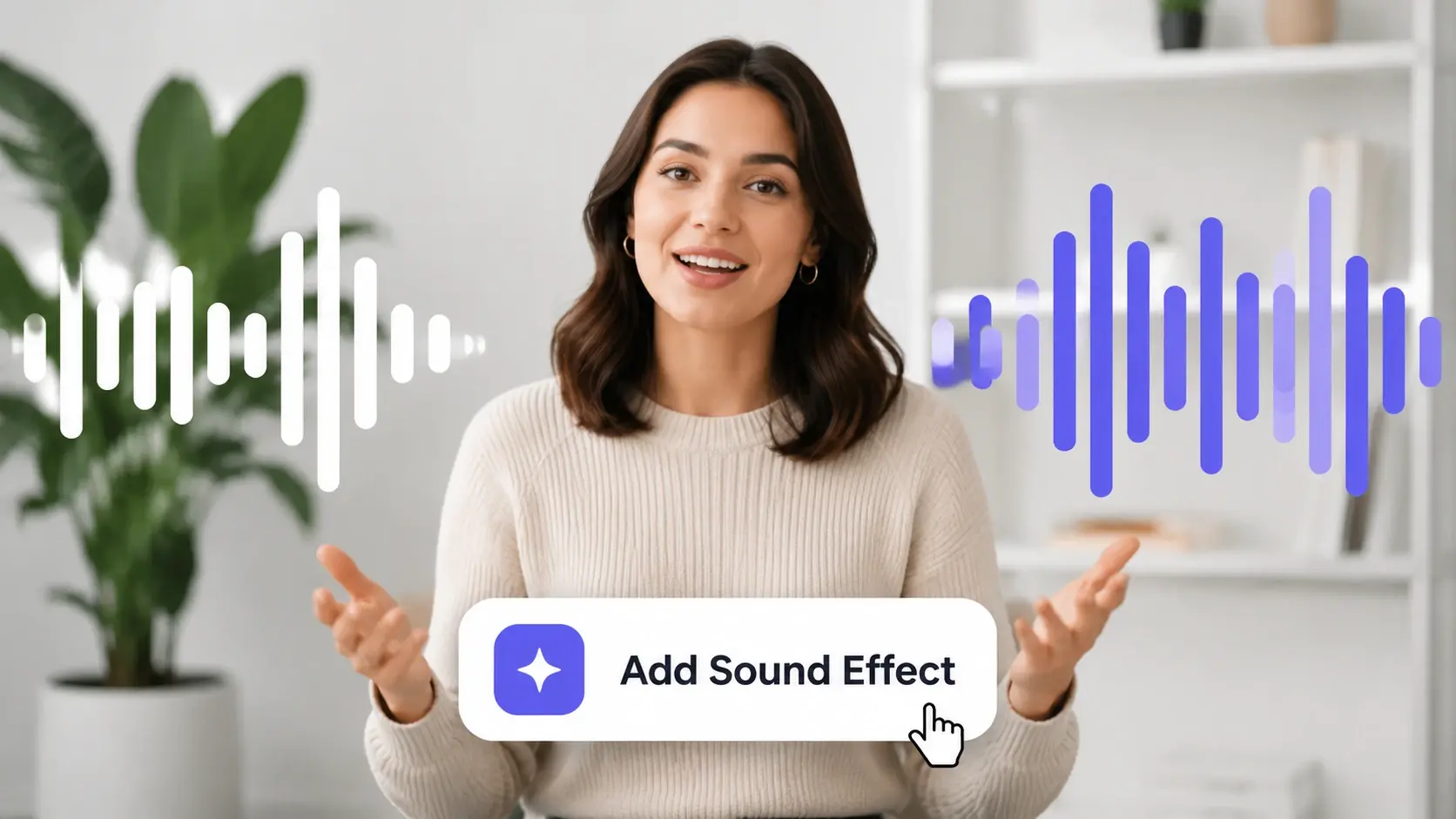 解説を話す場面に音の波形と「Add Sound Effect」ボタンが重なり、動画 音声 合成でナレーションに音を加える様子
