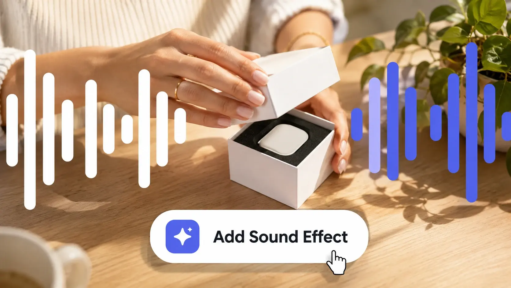 商品を開封する場面に音の波形と「Add Sound Effect」ボタンが重なり、動画 音声 合成で開封音を加える様子