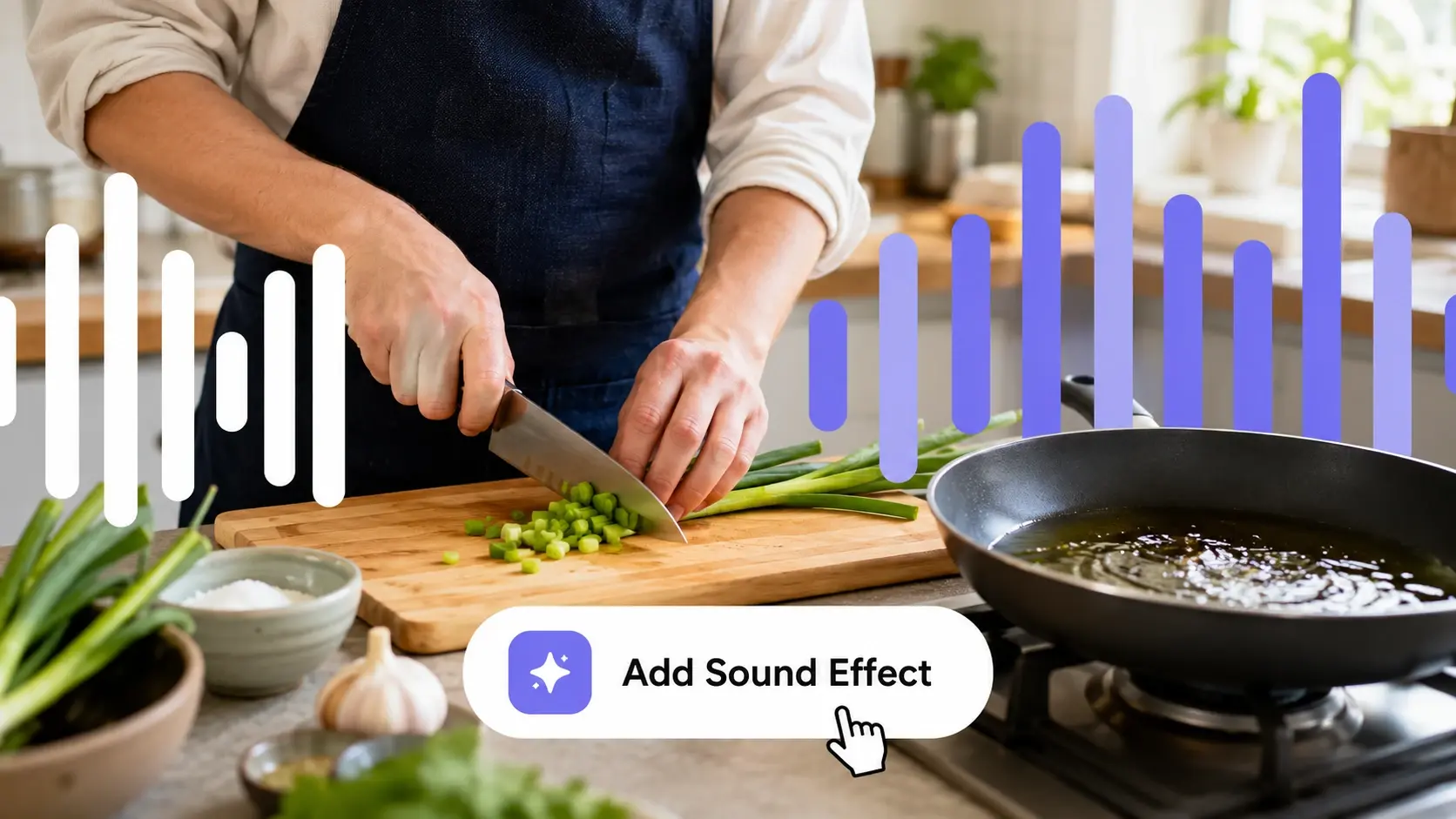 料理の手元に音の波形と「Add Sound Effect」ボタンが重なり、動画 効果音 AIで包丁と油の音を加える様子