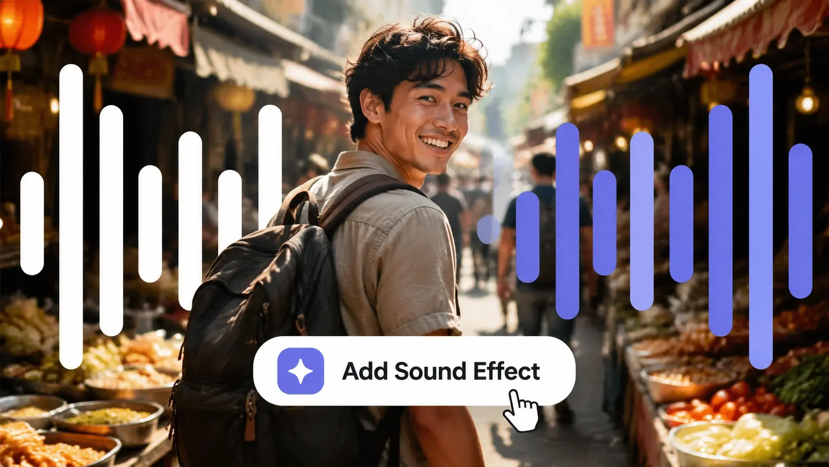 商店街を歩く旅行Vlogの場面に音の波形と「Add Sound Effect」ボタンが重なり、動画 音声 合成で環境音を加える様子