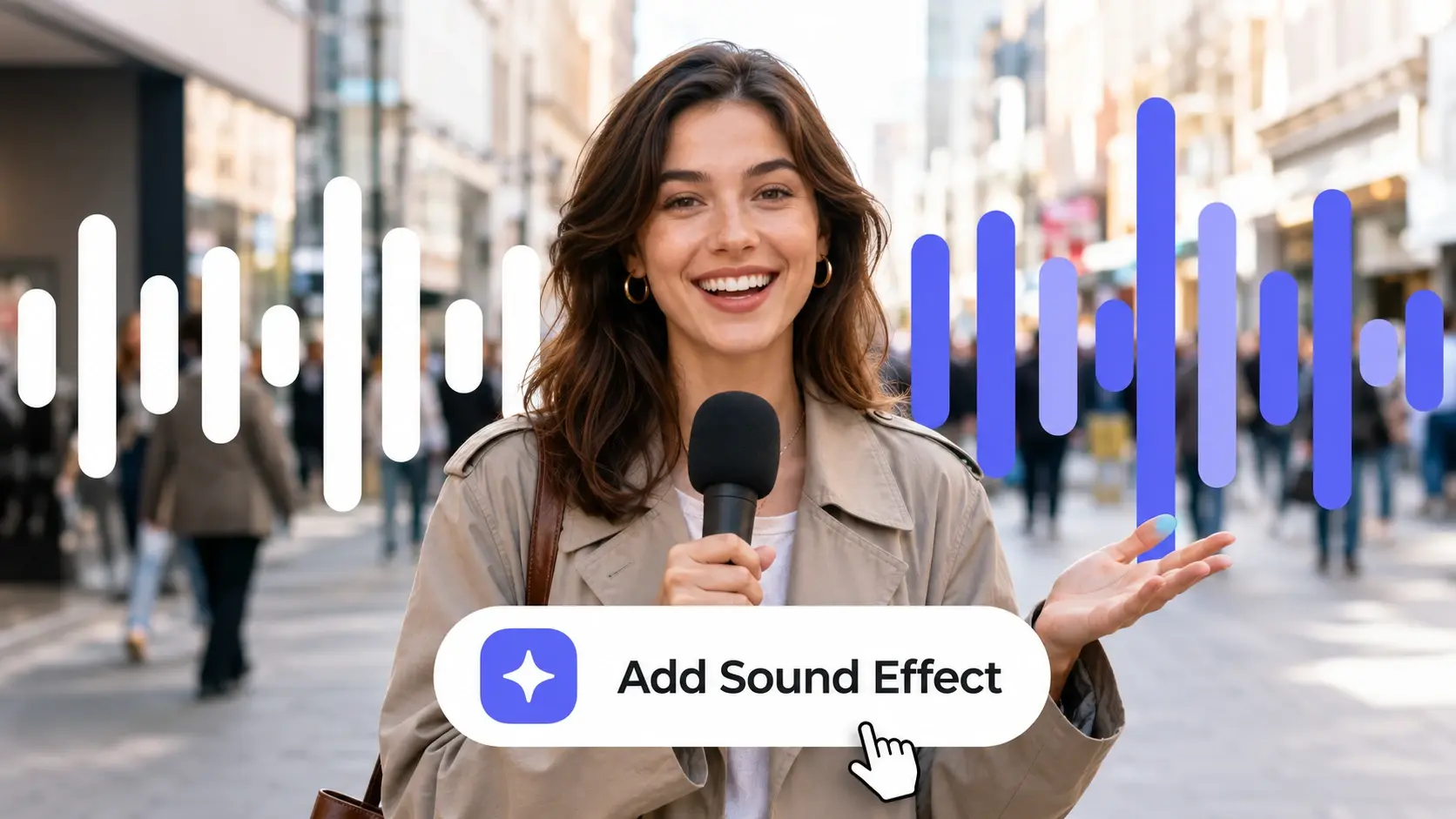 街頭でマイクを持つ女性の映像に音の波形と「Add Sound Effect」ボタンが重なり、動画 音声 合成で音を加える様子
