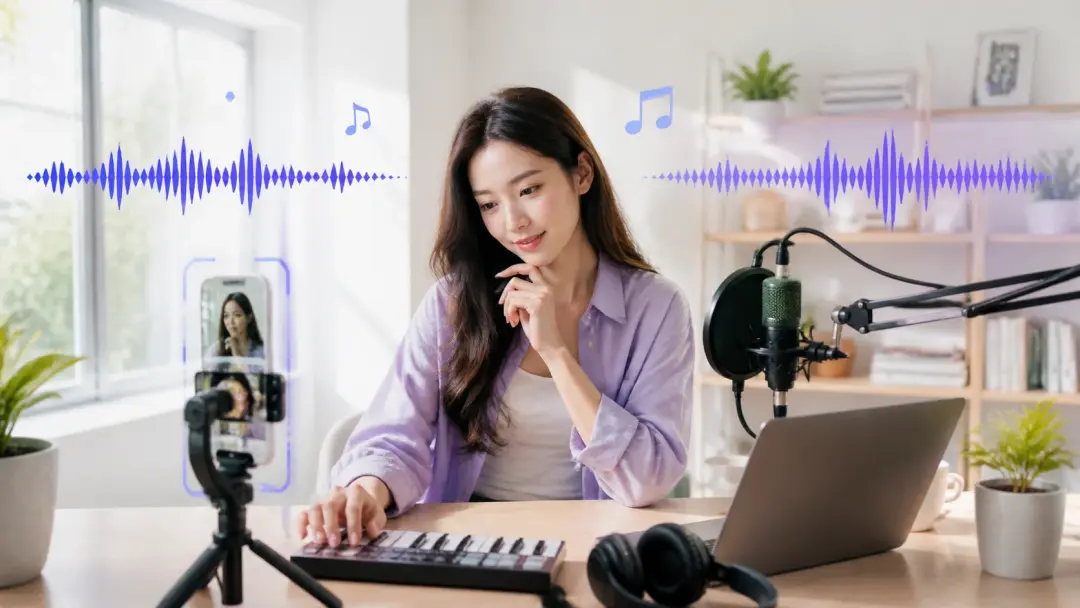밝은 작업실에서 숏폼 크리에이터가 세로 영상 클립에 어울리는 배경음악을 고르는 AI 노래 만들기 장면