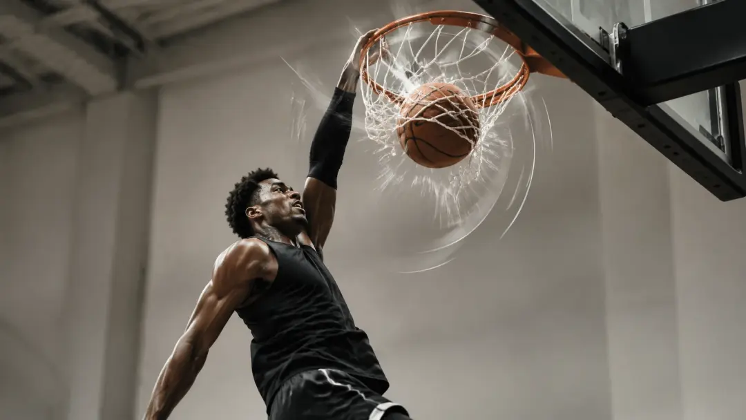 Basketball player dunking with impact sound effects added