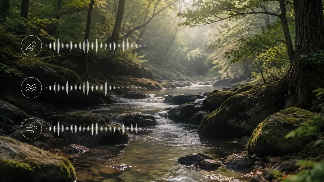 Forest stream scene with ambient sound being added