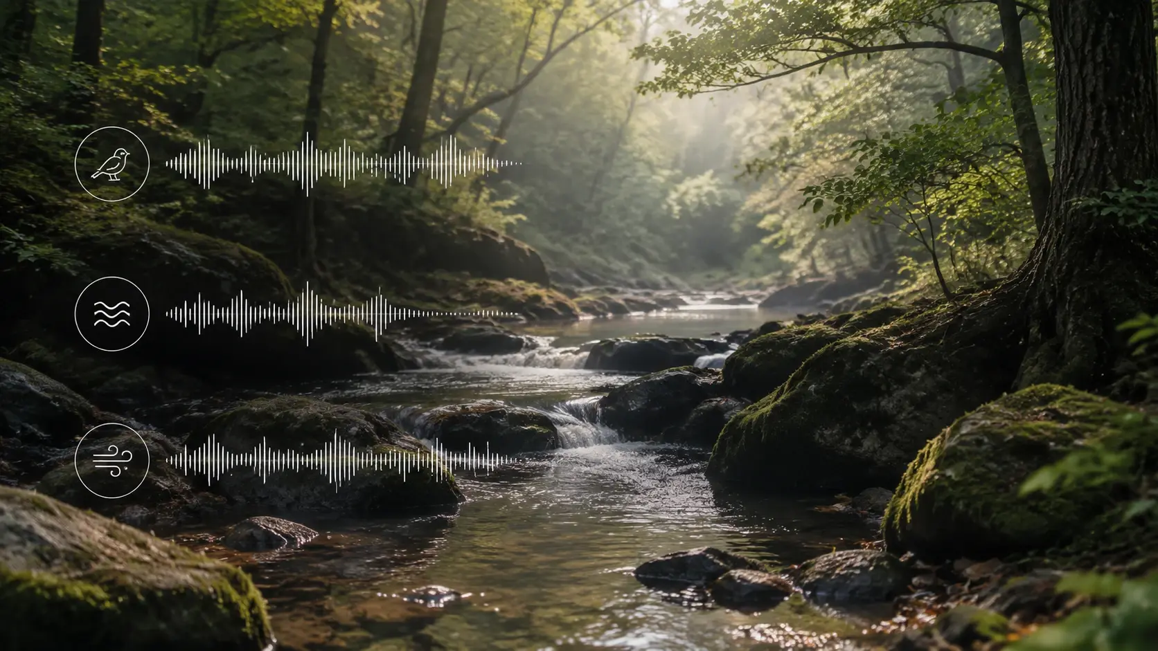 Forest stream scene with ambient sound being added