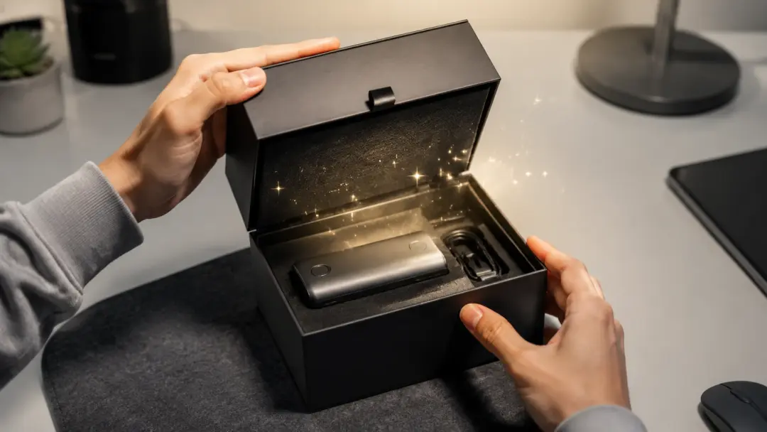 Product unboxing with satisfying reveal sound effects