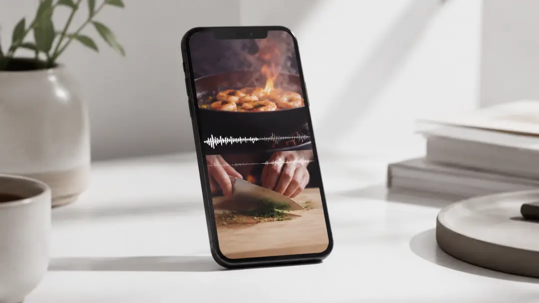 Cooking video on phone with sizzling sound effects added