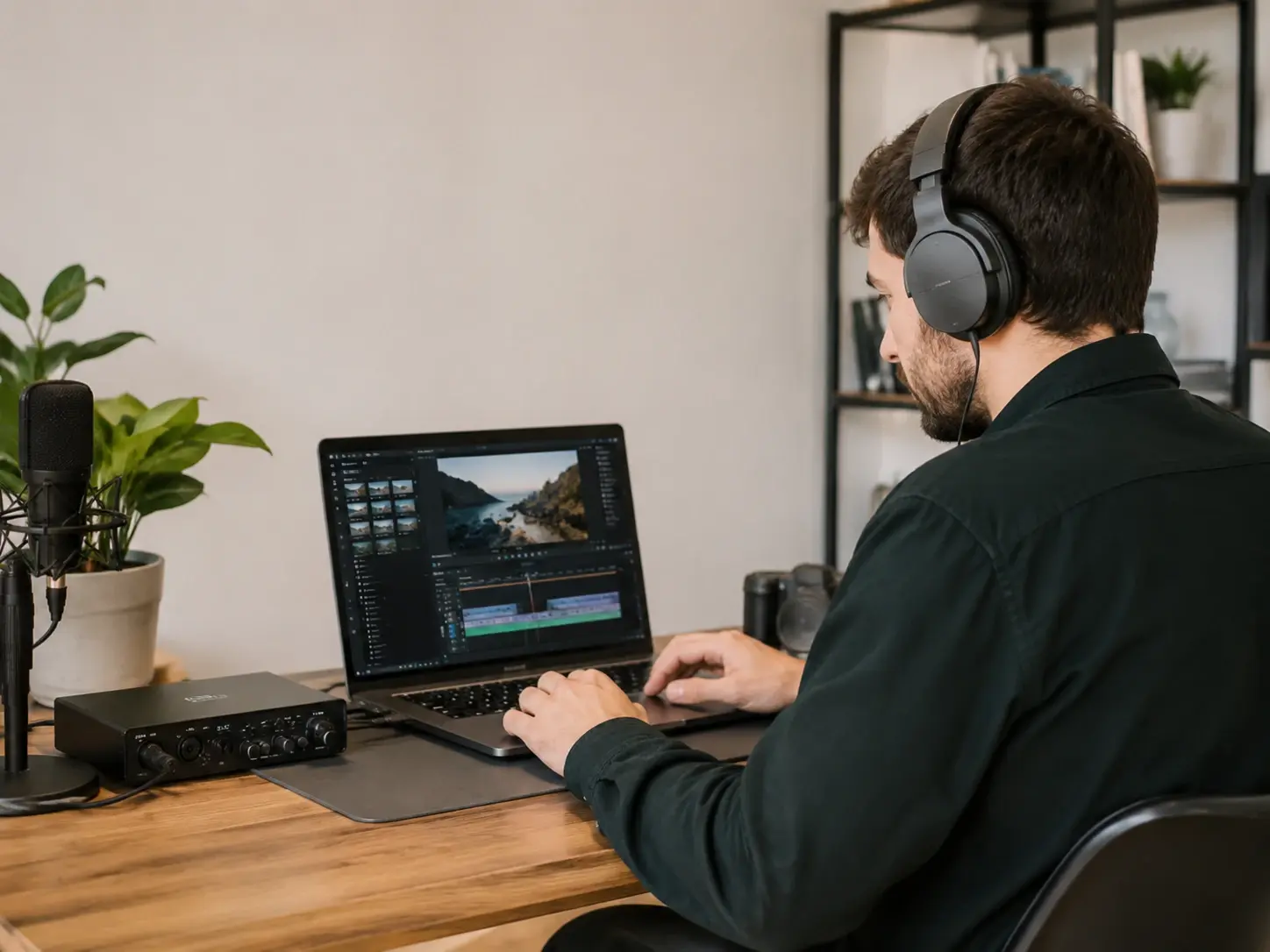Video creator editing sound effects with headphones on