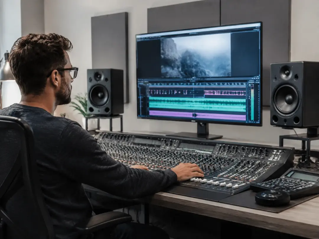 Filmmaker at professional audio mixing desk adding sound effects