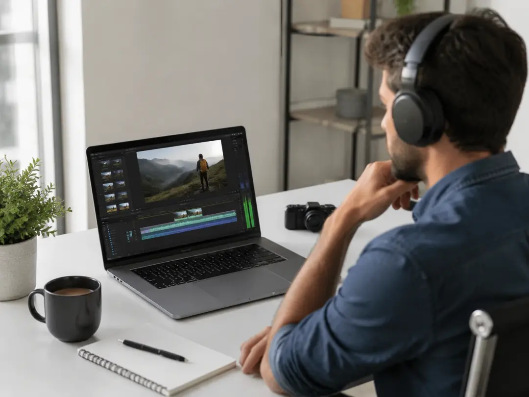 Marketing professional previewing video with added sound effects