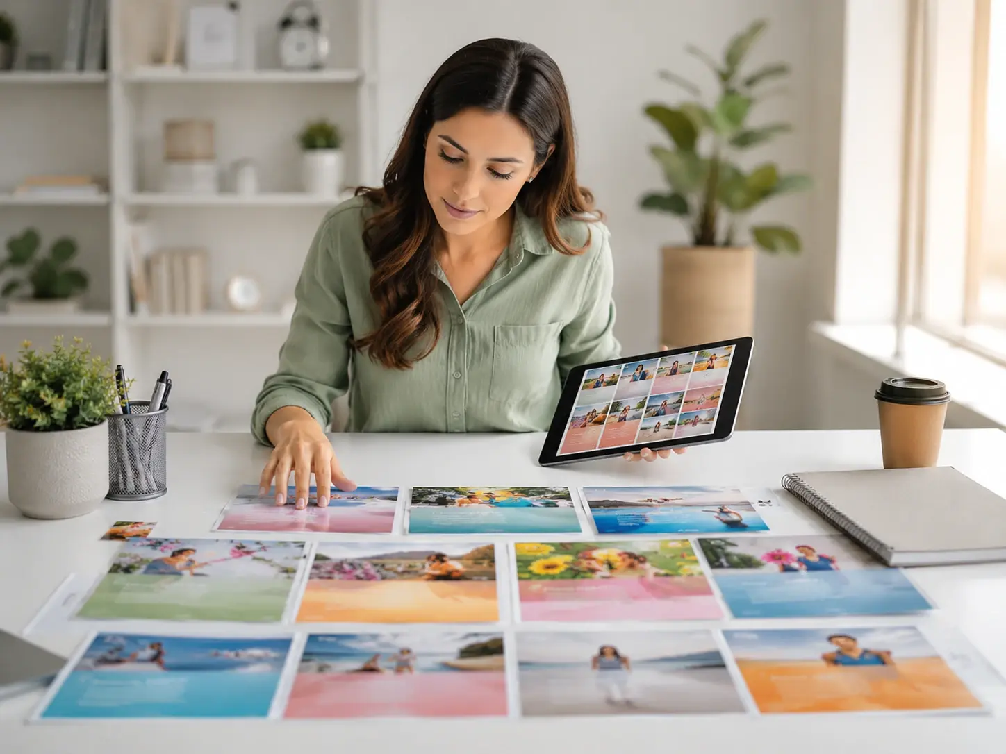 Social manager reviewing captioned post layouts generated from one prompt in VideoAI