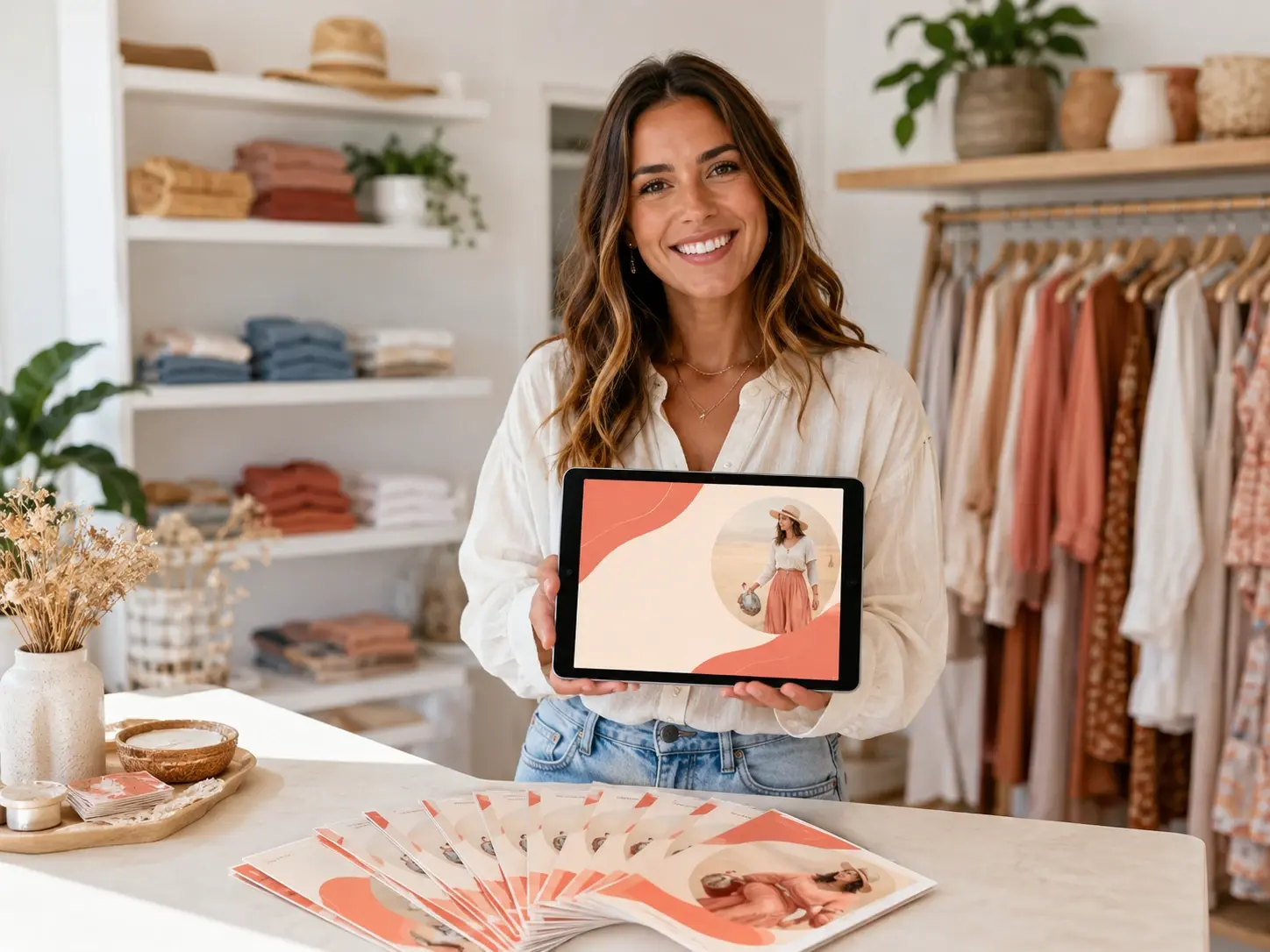 Small shop promo graphics carrying a logo and brand color made in VideoAI