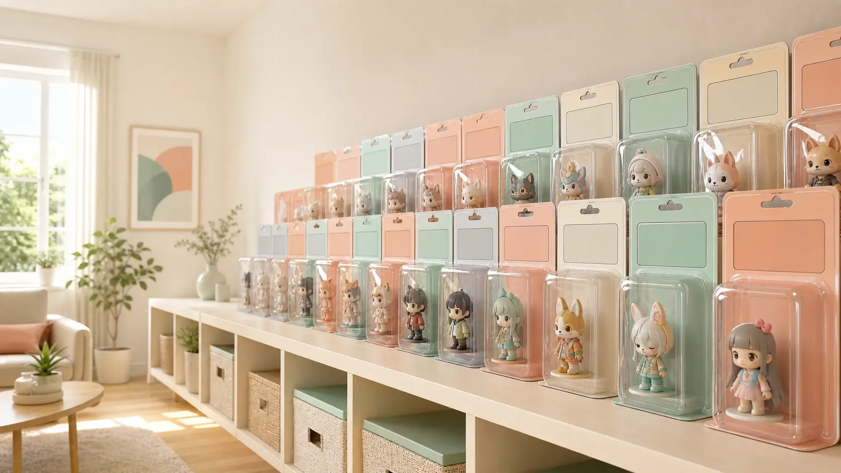 A wide bright shelf lined with boxed collector figures still sealed in their blister packs