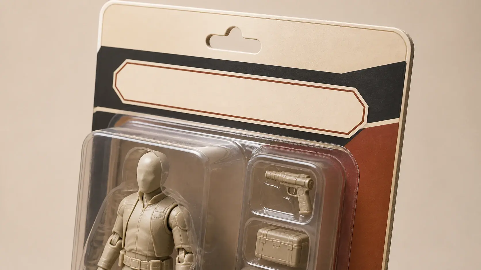 A crimped blister shell on a colour blocked backing card with blank plates around the boxed figure