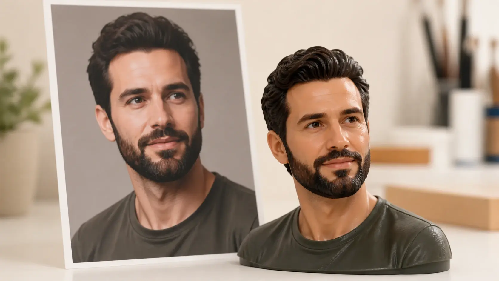 A moulded figure head matching the bearded man's portrait print standing behind it
