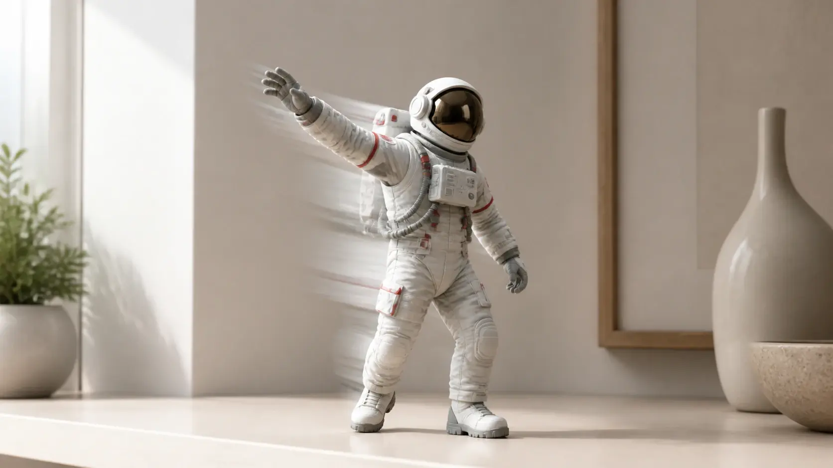 An astronaut collector figure caught mid turn on a shelf with a soft motion trail behind one arm