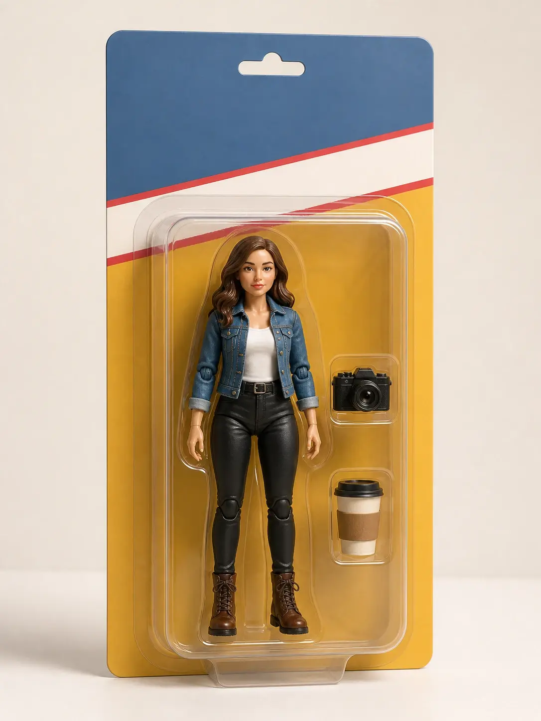Boxed collector action figure of a woman sealed in a blister pack on a colour blocked backing card
