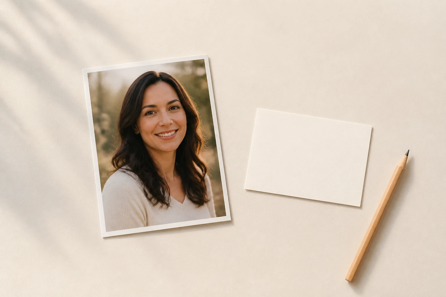One ordinary printed portrait lying alone on a pale desk beside a blank note card and pencil