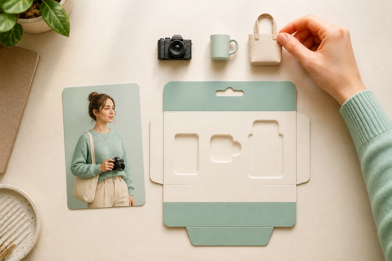 A flat colour blocked backing card with three moulded accessories arranged in a row above it