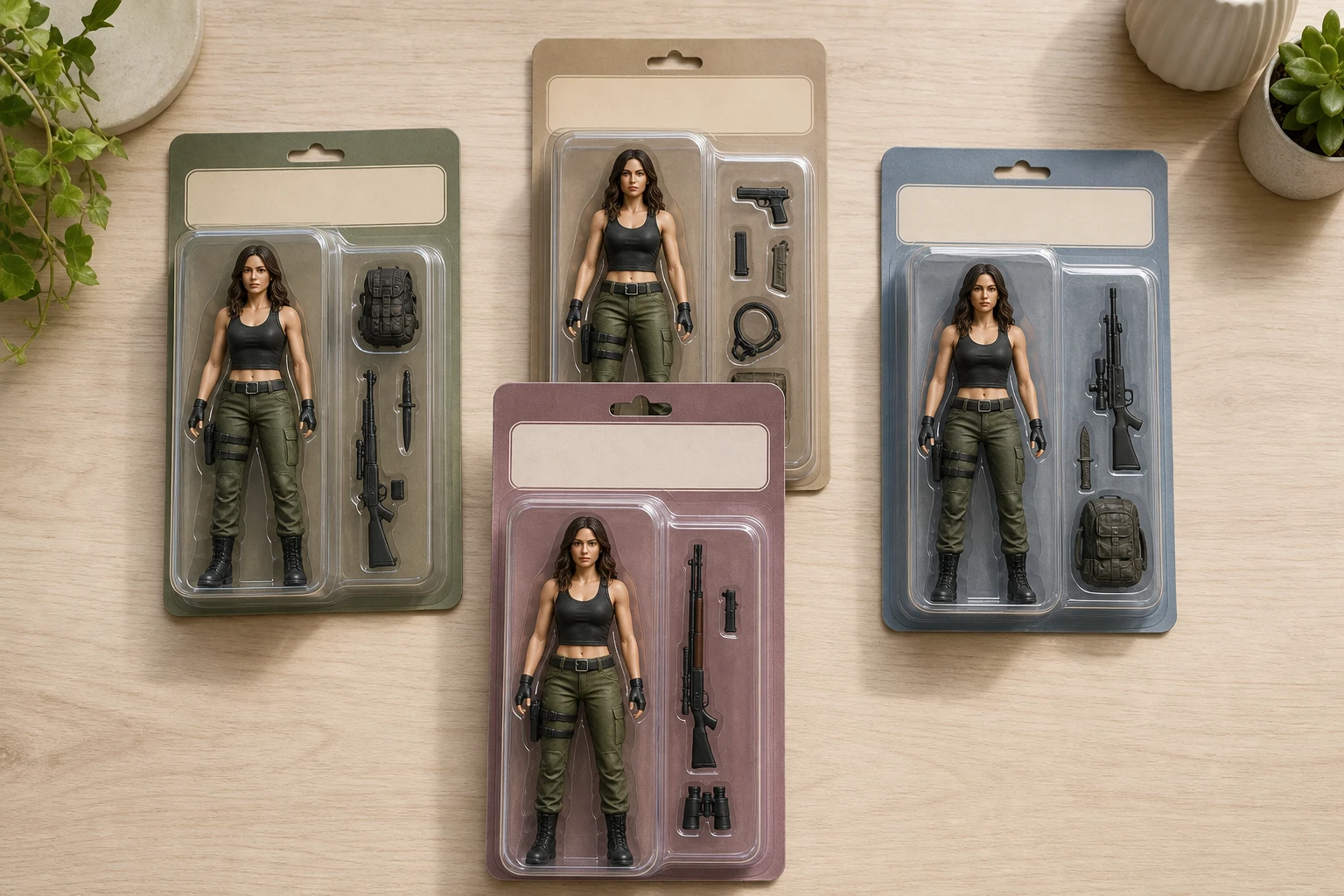 Four finished boxed figures of the same woman with one pack drawn forward as the pick