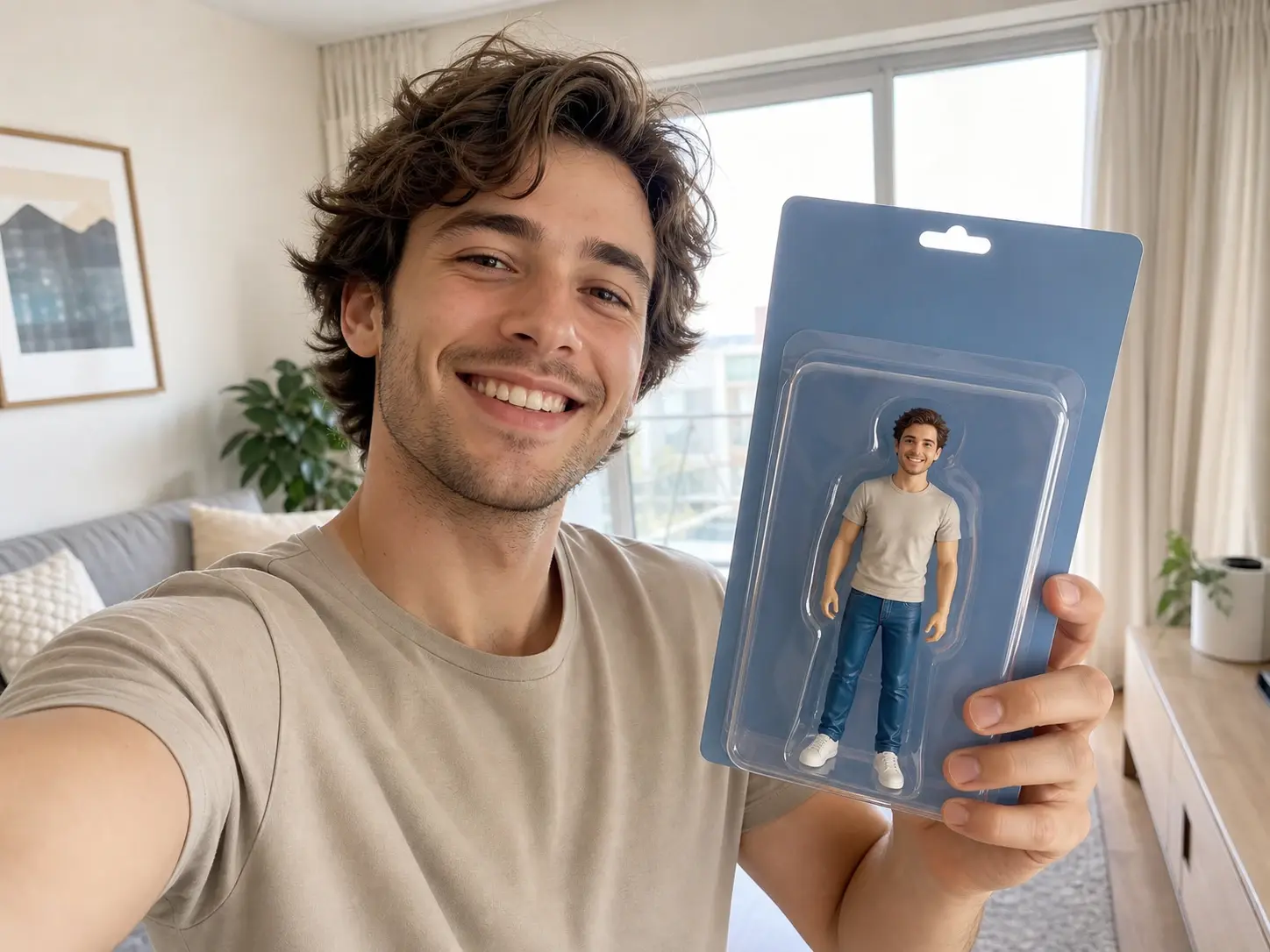 Boxed collector figure of a smiling person held up for a social media post
