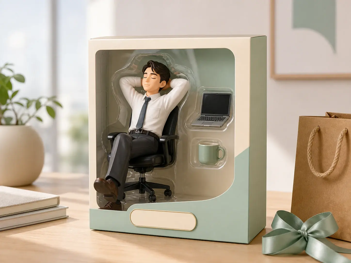 Gift boxed action figure with a blank name plate and small moulded props on the backing card
