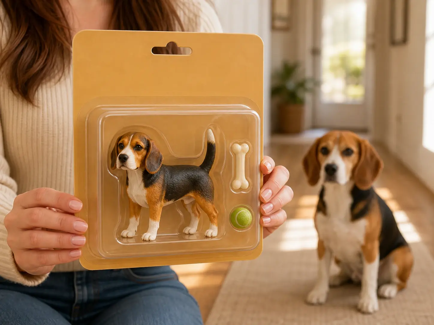 Boxed toy figure of a pet dog with its coat markings and ears kept intact