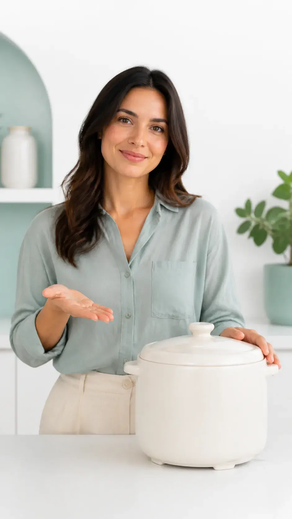 Vertical video still of a selected built in presenter introducing a blank unbranded ceramic product in a bright studio