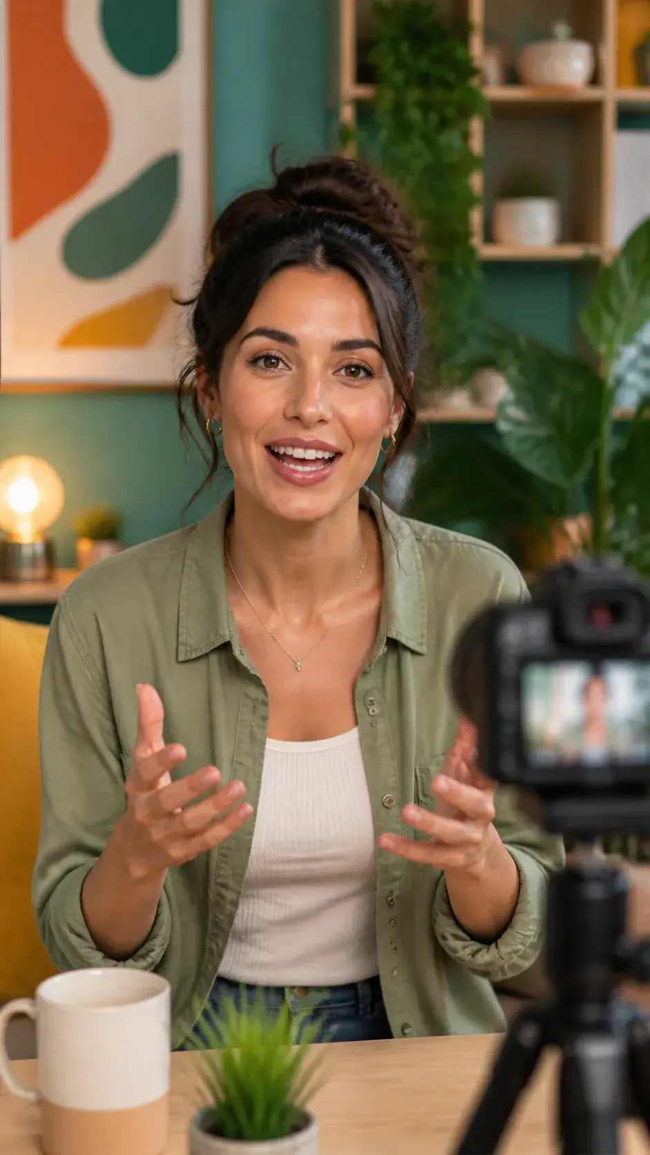 Vertical video still of a selected built in host speaking in a colorful home studio with natural gestures