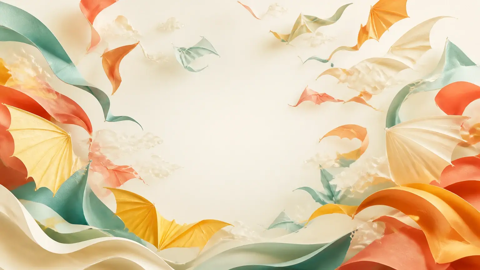 Colorful paper forms sweeping across a bright studio background with gentle motion