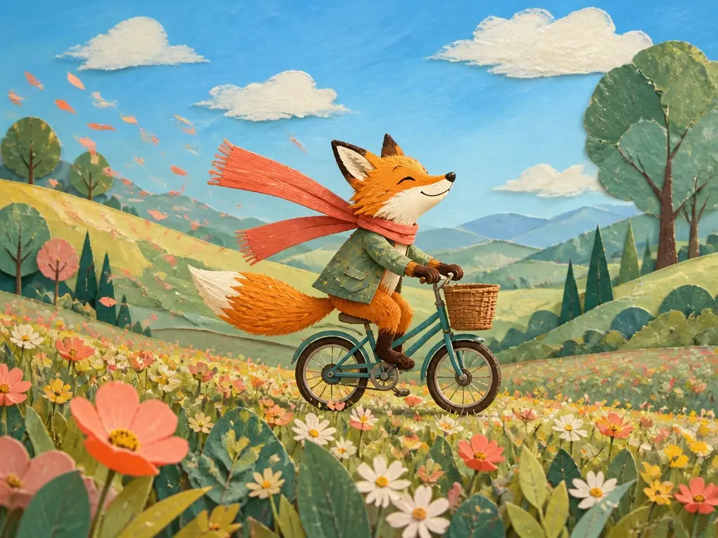 Painted fox riding through a bright storybook landscape as an animated scene
