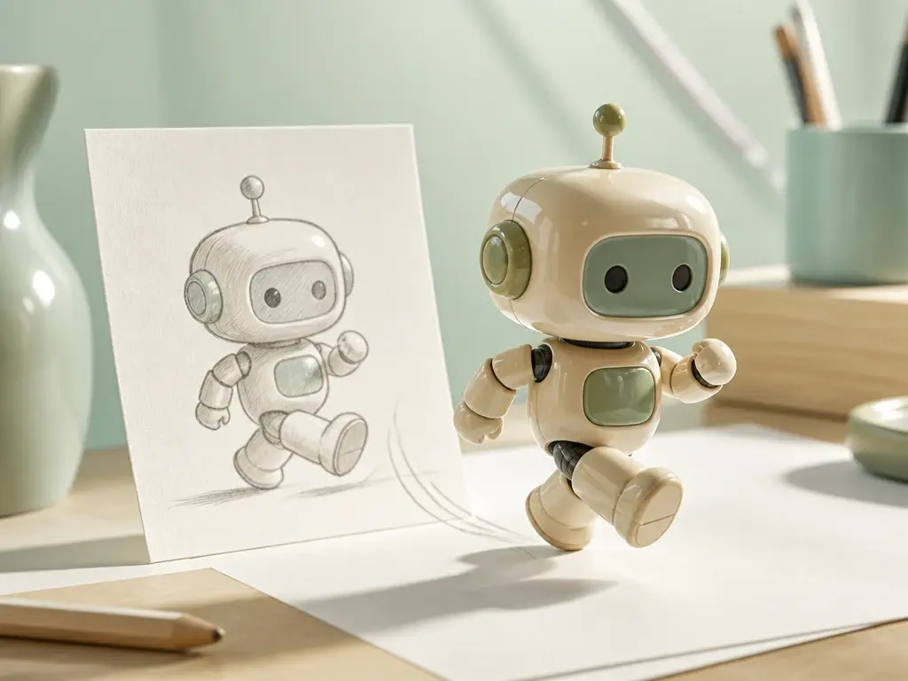 Ceramic robot stepping forward from a bright reference scene with a gentle motion trail