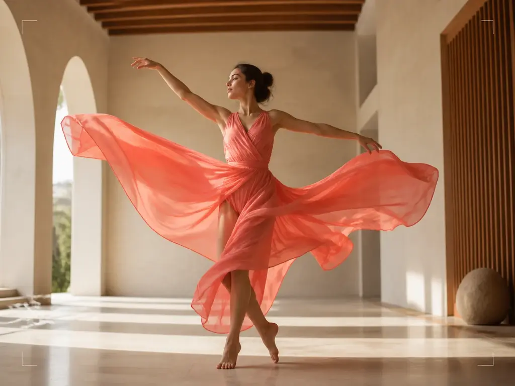 Dancer turning through a sunlit gallery with a curved motion trail and clear framing