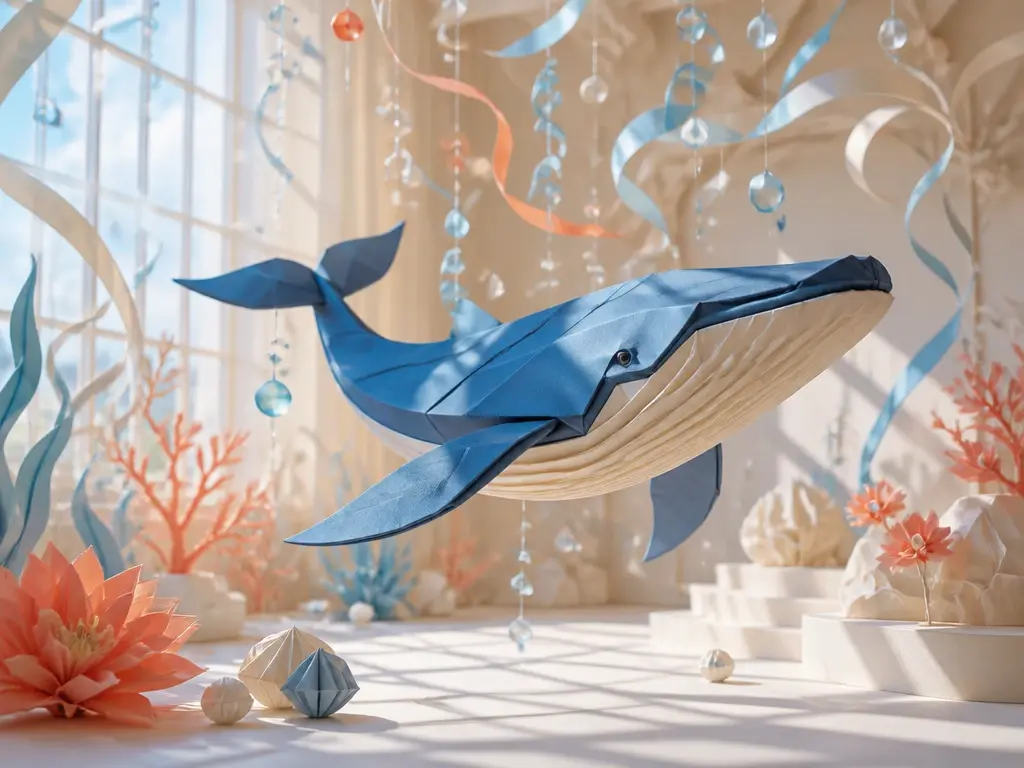 Finished origami whale animation scene in a bright room with flowing motion accents