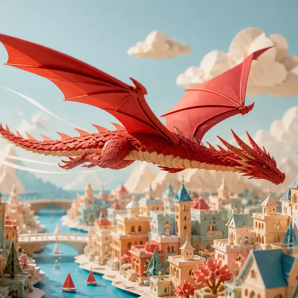 Handcrafted paper dragon flying above a colorful miniature city with sweeping motion trails