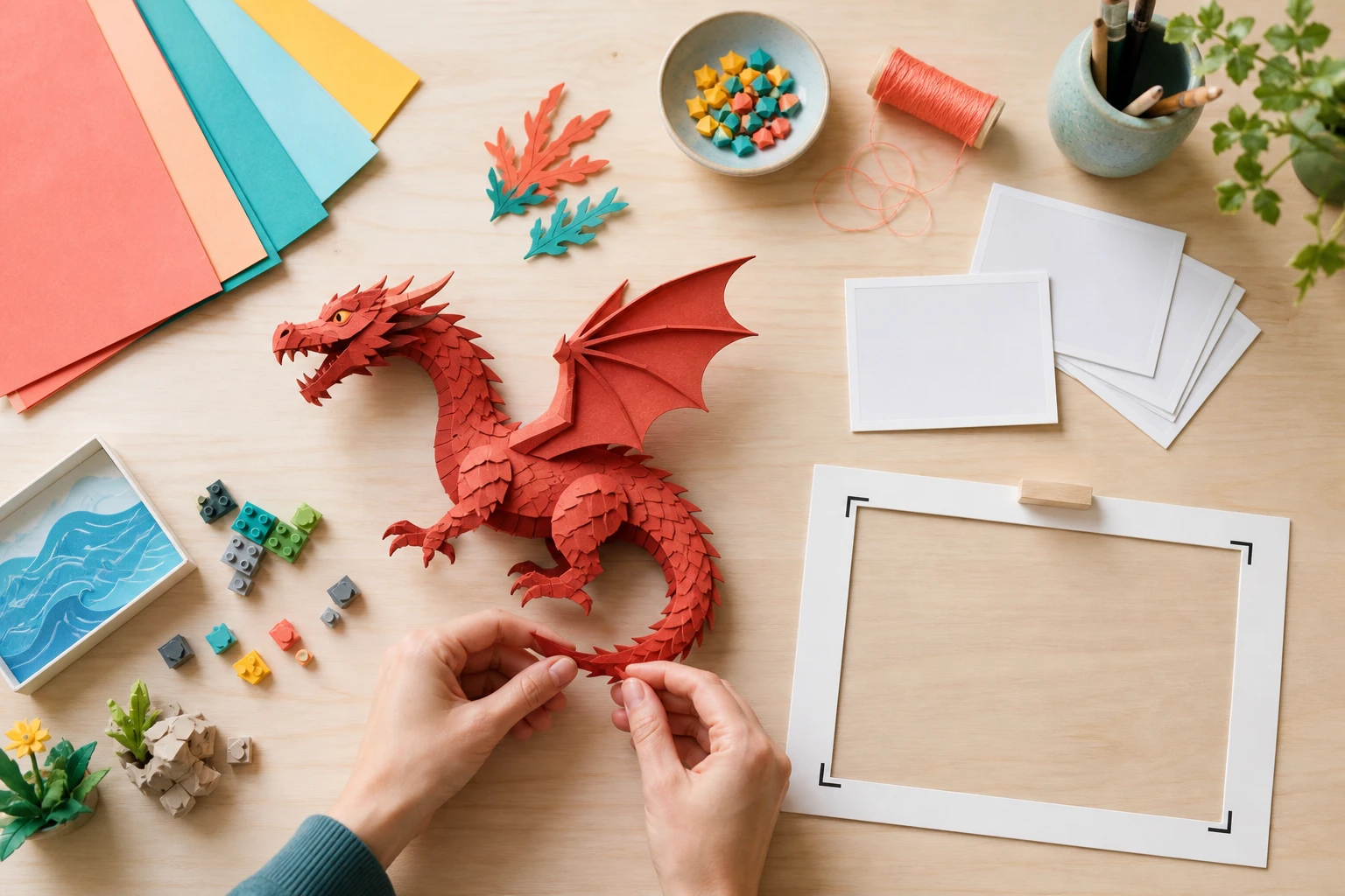 Paper dragon character reference and scene materials arranged on a bright creative worktable