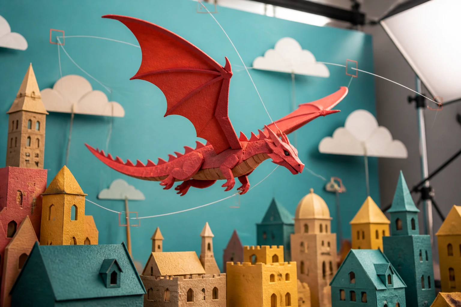 Paper dragon moving through staged miniature city scenes with curved camera motion guides