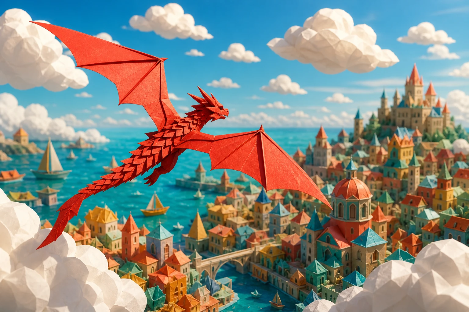 Finished paper dragon animation flying above a colorful miniature city with smooth motion