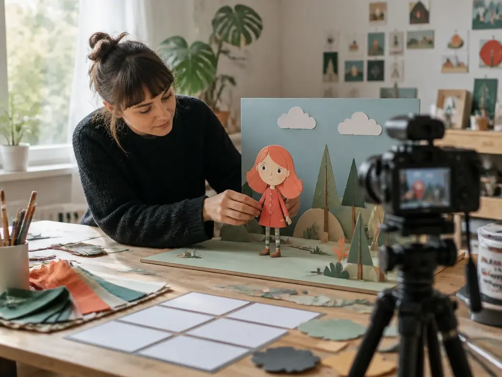 Content creator arranging colorful animation storyboards in a bright home studio
