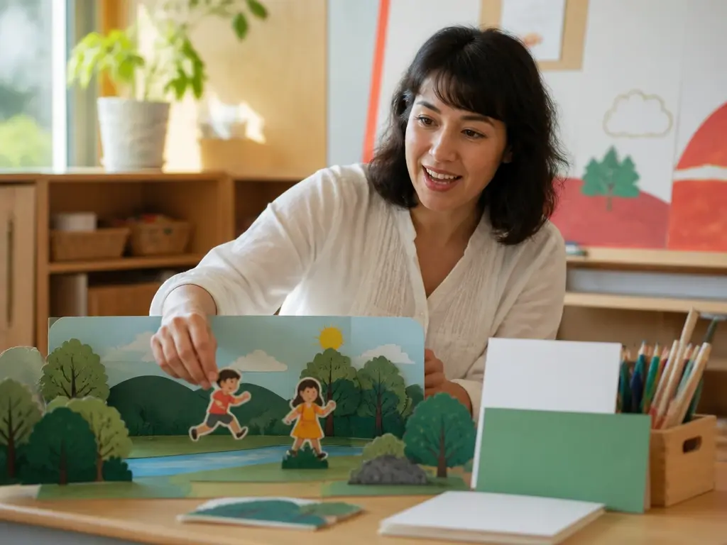 Educator arranging illustrated character and scene cards on a sunlit worktable