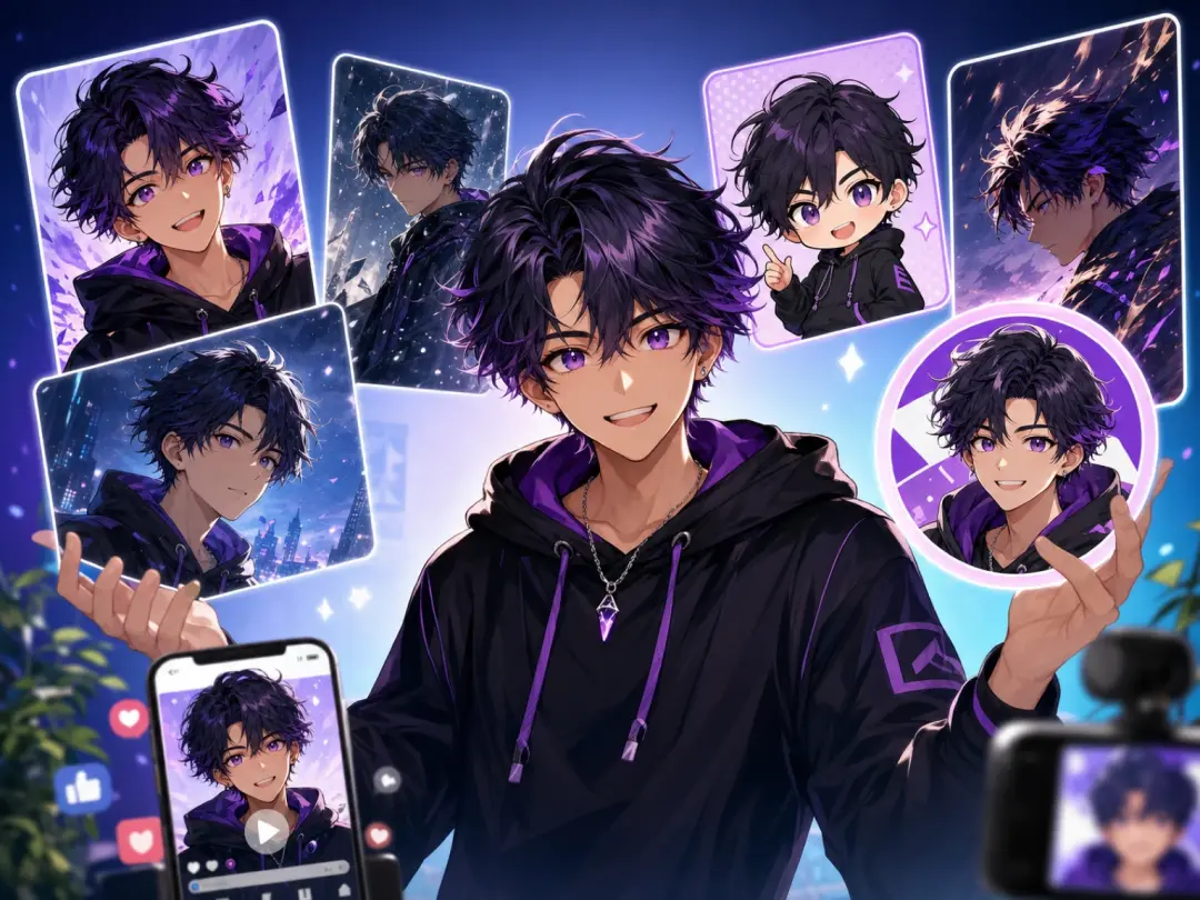Content creator previews avatar art from an ai anime generator in a bright studio