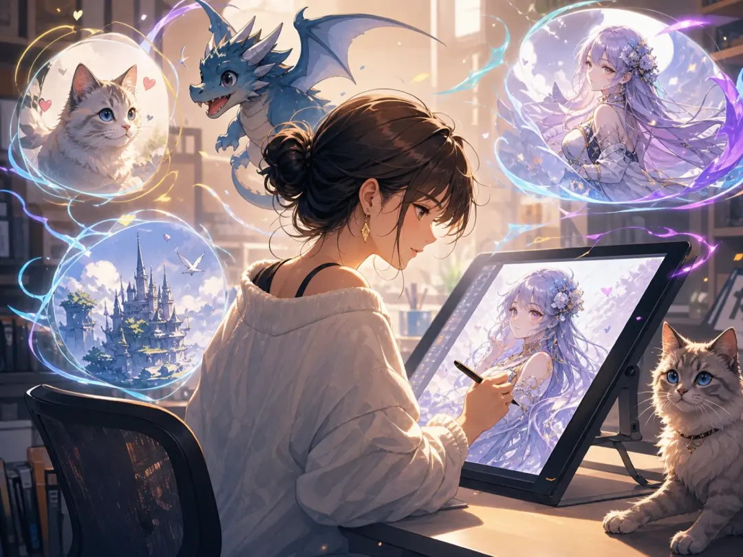 Fan artist reviews pet inspired anime art from an ai anime generator on a tablet