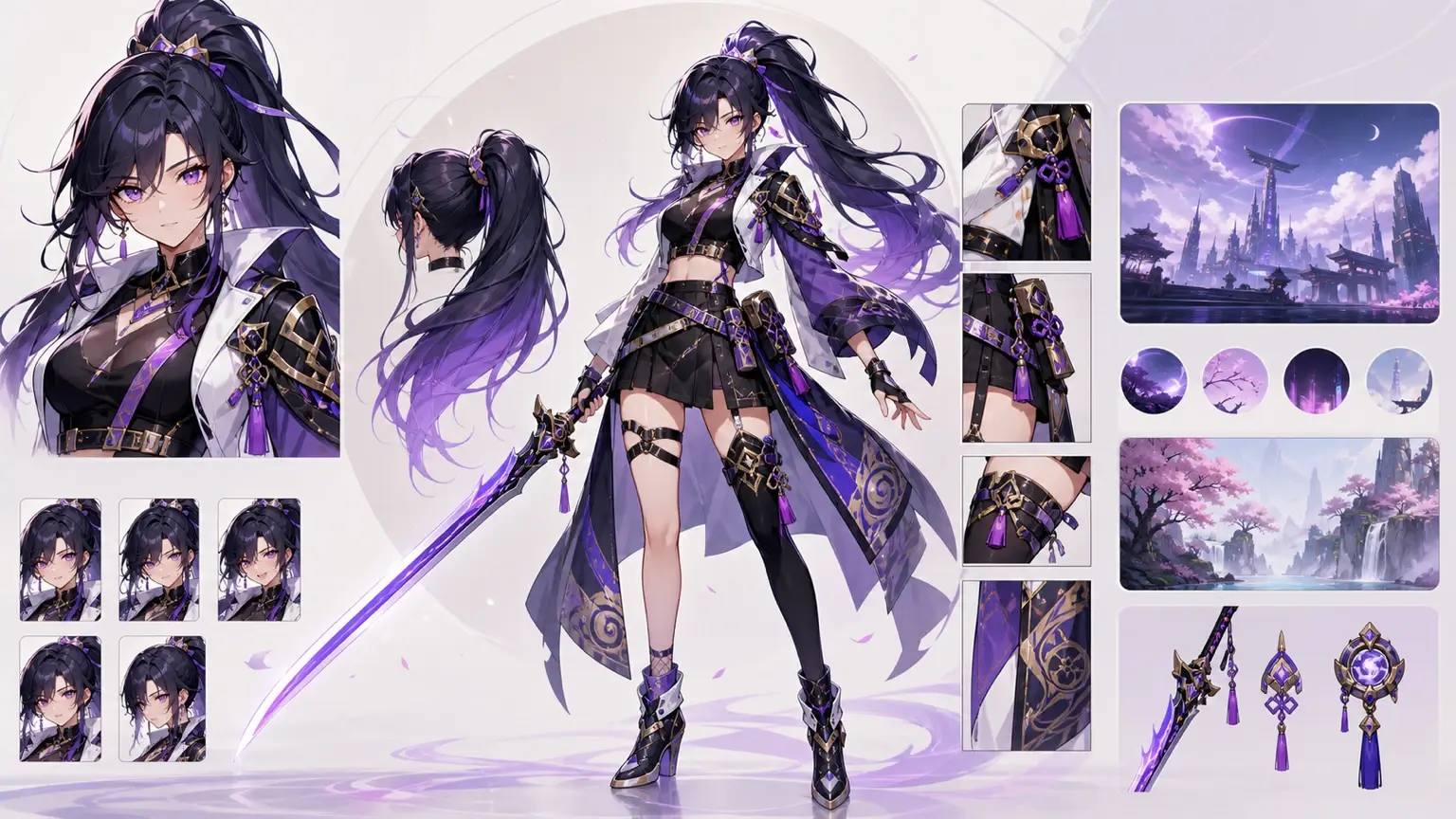 Original character sheet rendered by an ai anime generator with outfit notes