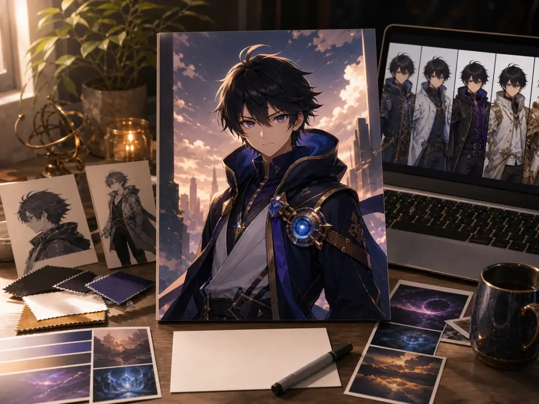 Story writer studies character sheets made with an ai anime generator on a desk
