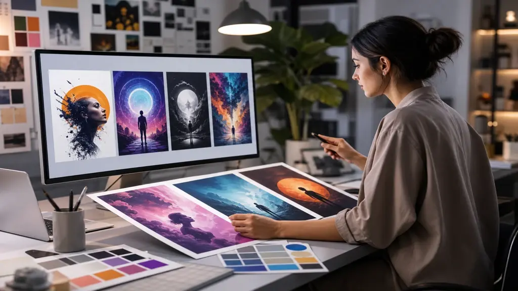 Brand marketer checking poster drafts from ai art generator for a launch